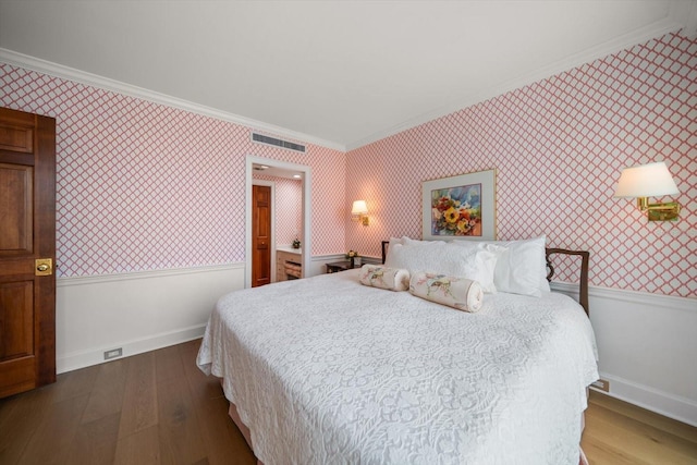 4 Belleview Blvd Unit 802, Belleair, FL 33756 - bedroom with visible vents, wainscoting, ornamental molding, wallpapered walls, and dark wood-type flooring