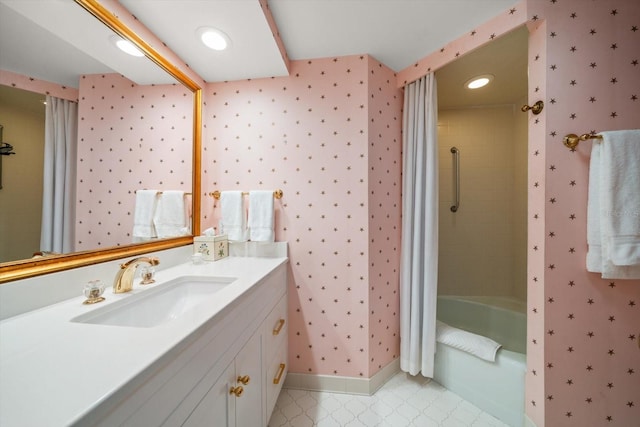 4 Belleview Blvd Unit 802, Belleair, FL 33756 - full bathroom with baseboards, vanity, wallpapered walls, and shower / tub combo