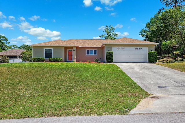 13040 Hanley Dr, Spring Hill, FL 34609 - ranch-style house featuring stucco siding, an attached garage, concrete driveway, and a front yard