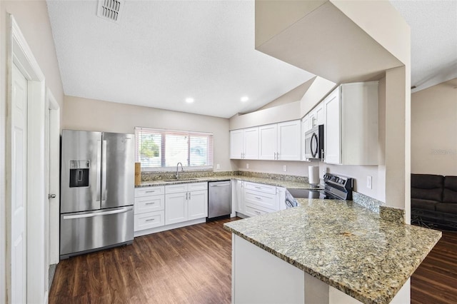 13040 Hanley Dr, Spring Hill, FL 34609 - kitchen featuring stainless steel appliances, a peninsula, dark wood-style flooring, light stone counters, and white cabinetry