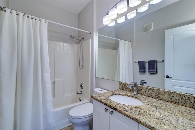 bathroom featuring vanity, toilet, and shower / tub combo with curtain