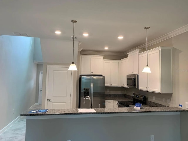 kitchen featuring appliances with stainless steel finishes, baseboards, a peninsula, dark stone countertops, and marble finish floor