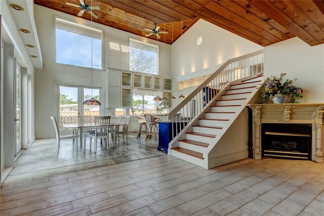 919 Sandpiper Way S, Saint Petersburg, FL 33707 - interior space with a fireplace, ceiling fan, wooden ceiling, and high vaulted ceiling