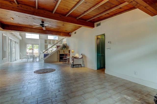 919 Sandpiper Way S, Saint Petersburg, FL 33707 - interior space with wood ceiling, baseboards, ceiling fan, beamed ceiling, and stairs