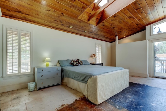 919 Sandpiper Way S, Saint Petersburg, FL 33707 - bedroom featuring wooden ceiling, lofted ceiling, access to outside, and baseboards