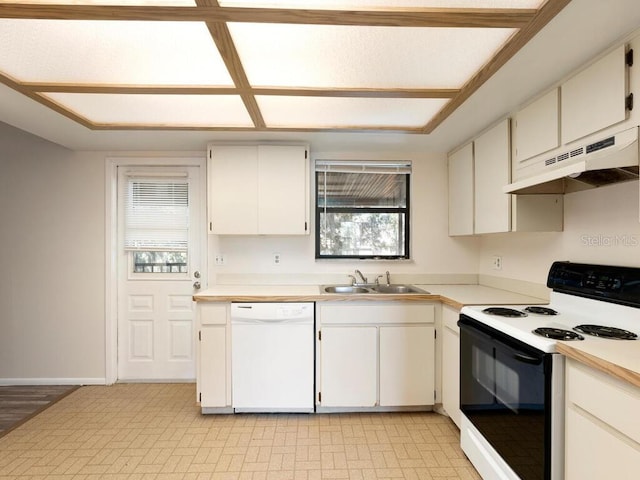 kitchen featuring a sink, range with electric stovetop, under cabinet range hood, light countertops, and white dishwasher