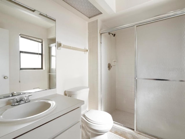 full bathroom featuring vanity, toilet, and a shower stall