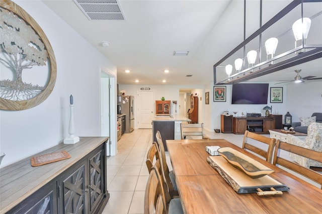 dining area with ceiling fan, light tile patterned floors, visible vents, and recessed lighting