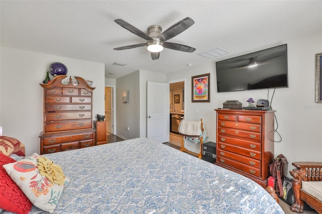 bedroom with visible vents, baseboards, and a ceiling fan