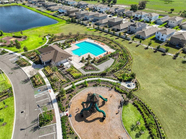 aerial view featuring a water view