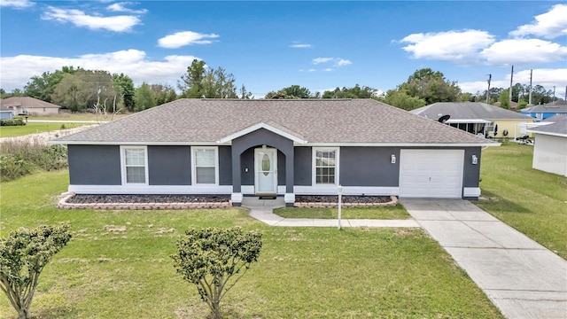 ranch-style home featuring roof with shingles, a garage, concrete driveway, a front yard, and stucco siding