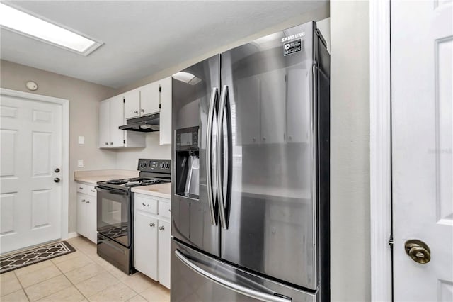 kitchen with stainless steel refrigerator with ice dispenser, electric range, under cabinet range hood, white cabinets, and light countertops