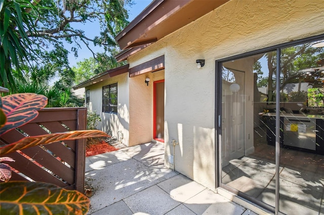 2953 Yucca Ct, Palm Harbor, FL 34684 - view of exterior entry with stucco siding and a patio