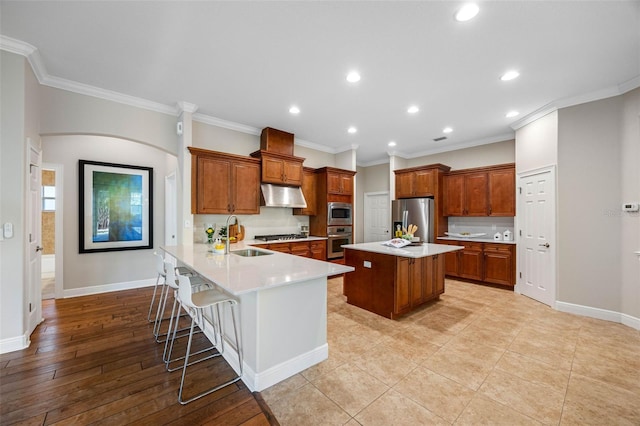 kitchen with appliances with stainless steel finishes, a sink, under cabinet range hood, light countertops, and recessed lighting