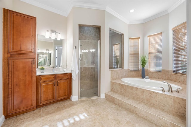 bathroom featuring a garden tub, tile patterned floors, a shower stall, vanity, and ornamental molding