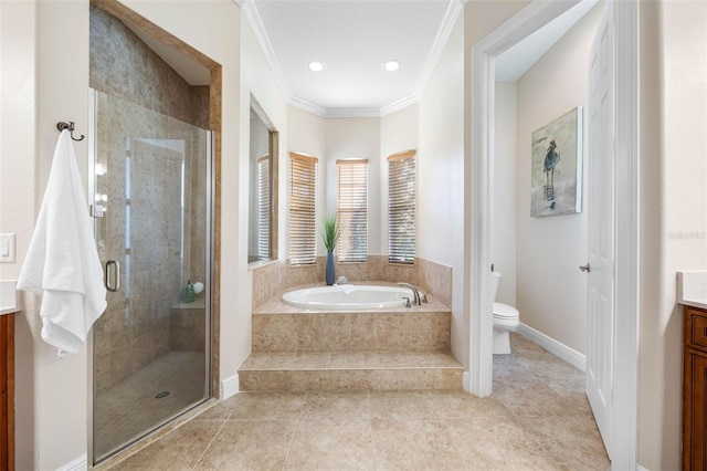 bathroom featuring toilet, a bath, crown molding, a shower stall, and vanity