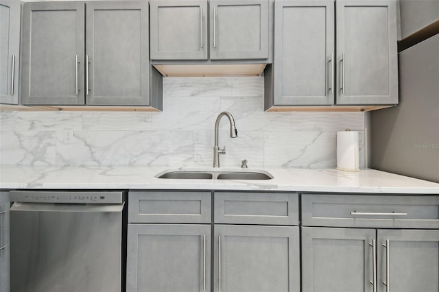 3238 Cullendale Dr, Tampa, FL 33618 - kitchen with a sink, dishwasher, gray cabinetry, and tasteful backsplash