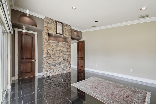 3238 Cullendale Dr, Tampa, FL 33618 - living room with crown molding, dark tile patterned floors, baseboards, and recessed lighting