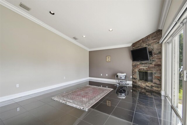 3238 Cullendale Dr, Tampa, FL 33618 - living area featuring visible vents, ornamental molding, baseboards, and a stone fireplace