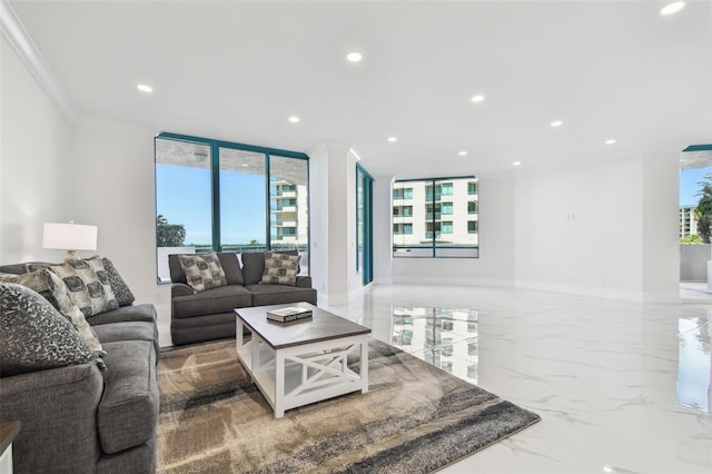 living room featuring baseboards, ornamental molding, recessed lighting, and marble finish floor