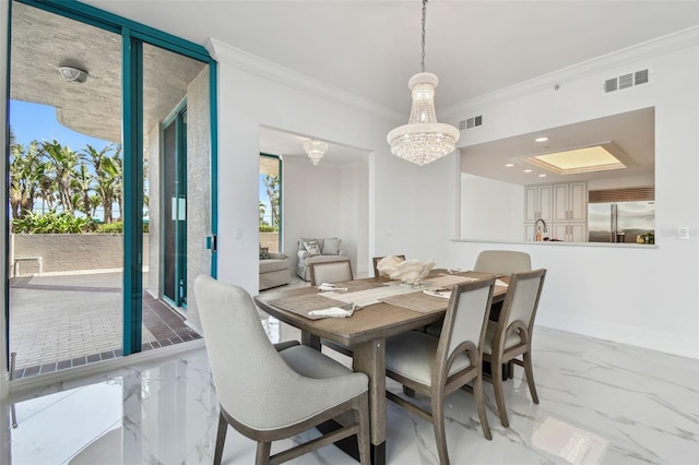 dining space with visible vents, ornamental molding, marble finish floor, and a notable chandelier