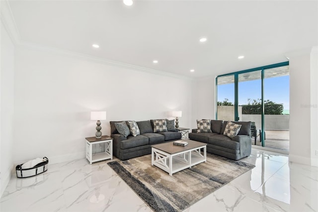 living area featuring crown molding, recessed lighting, and marble finish floor