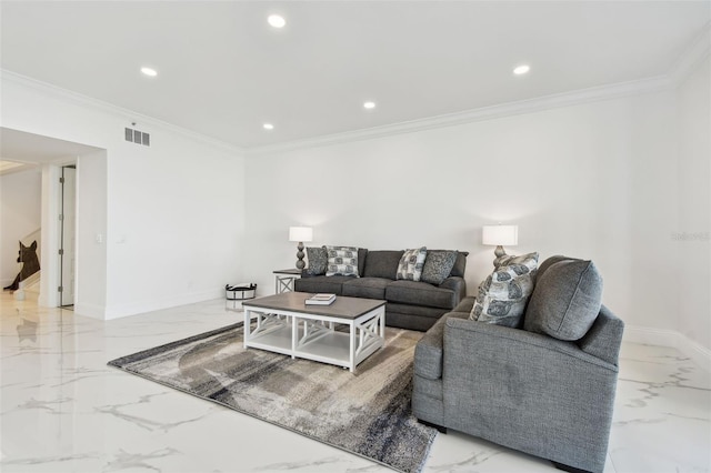 living area featuring recessed lighting, baseboards, visible vents, and marble finish floor