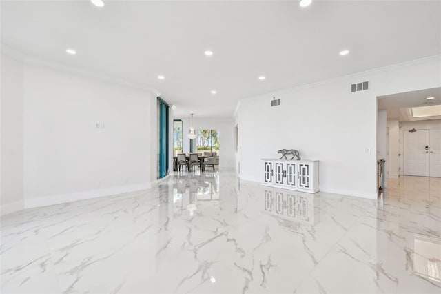 empty room featuring crown molding, recessed lighting, marble finish floor, and visible vents