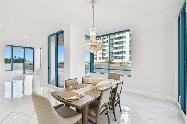 dining space with marble finish floor, a wall of windows, baseboards, recessed lighting, and a notable chandelier