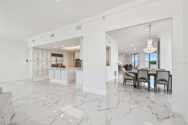 living room featuring crown molding, baseboards, marble finish floor, and visible vents