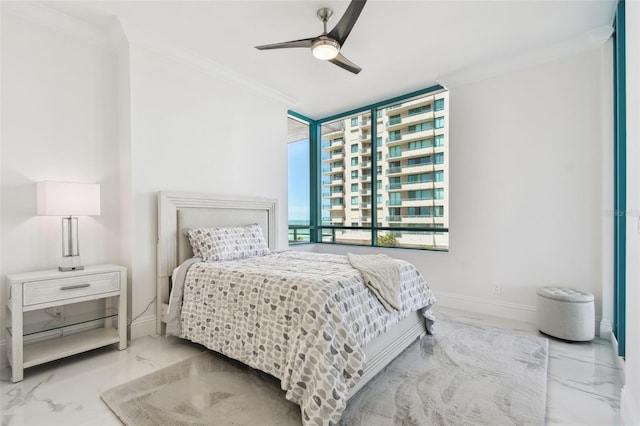 bedroom with floor to ceiling windows, a ceiling fan, baseboards, marble finish floor, and ornamental molding