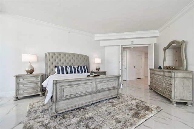 bedroom with baseboards, ornamental molding, and marble finish floor