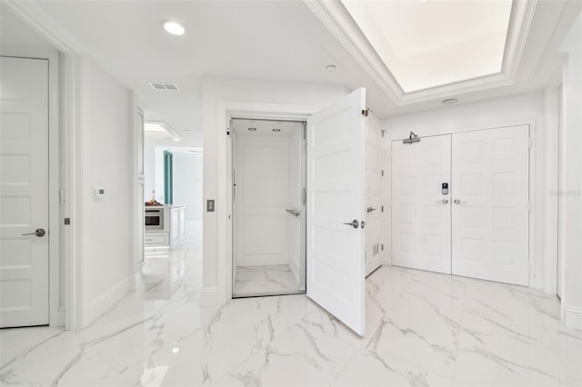 interior space with visible vents, marble finish floor, baseboards, and recessed lighting