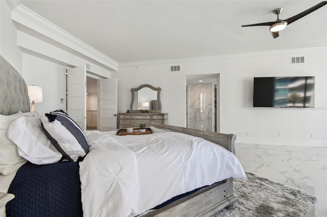 bedroom featuring ornamental molding, a ceiling fan, marble finish floor, and visible vents