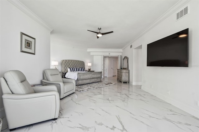 living room with crown molding, ceiling fan, marble finish floor, baseboards, and visible vents