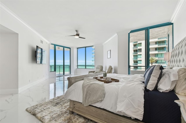 bedroom with crown molding, access to exterior, marble finish floor, baseboards, and visible vents