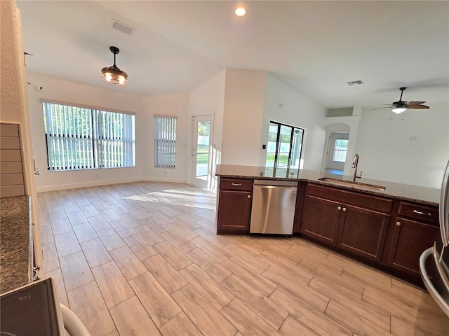11240 Marvelwood, Brooksville, FL 34614 - kitchen featuring dishwasher, visible vents, ceiling fan, a sink, and open floor plan