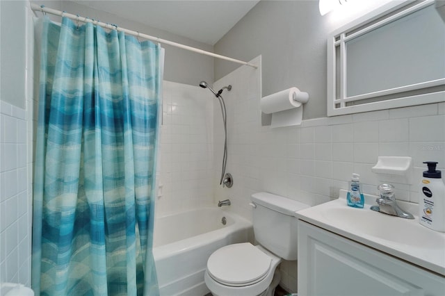126 Ridgewood Ave, Brandon, FL 33510 - bathroom with tile walls, toilet, vanity, shower / tub combo with curtain, and backsplash