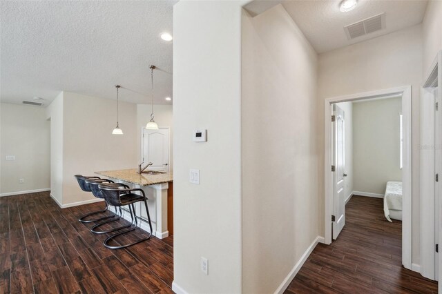 12831 White Bluff Rd, Hudson, FL 34669 - corridor featuring dark wood finished floors, baseboards, a textured ceiling, recessed lighting, and a sink