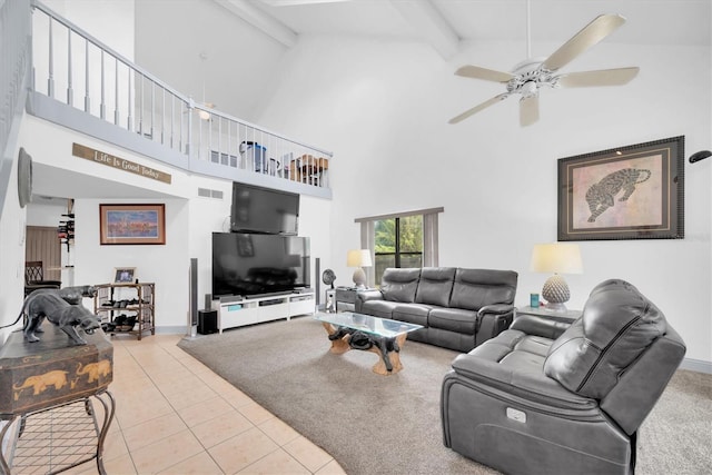 living area featuring ceiling fan, visible vents, tile patterned flooring, high vaulted ceiling, and beamed ceiling