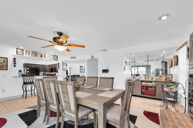 dining area featuring visible vents, a ceiling fan, light tile patterned floors, and recessed lighting