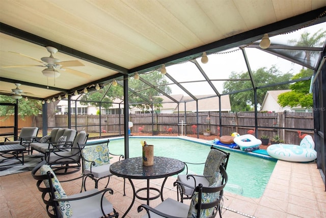 view of swimming pool featuring a fenced backyard, a patio area, and a fenced in pool