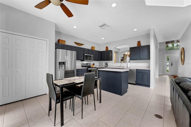 dining space featuring ceiling fan, recessed lighting, light tile patterned flooring, and visible vents
