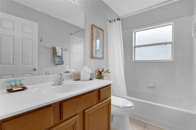 bathroom featuring vanity, shower / tub combo with curtain, tile patterned flooring, and toilet