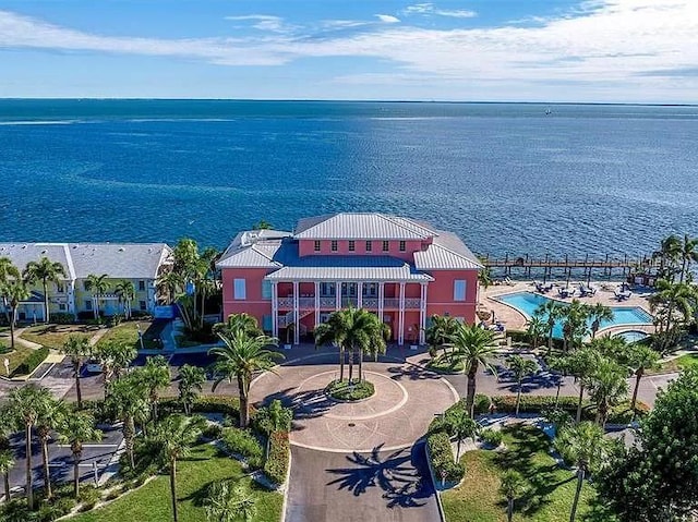 aerial view featuring a water view