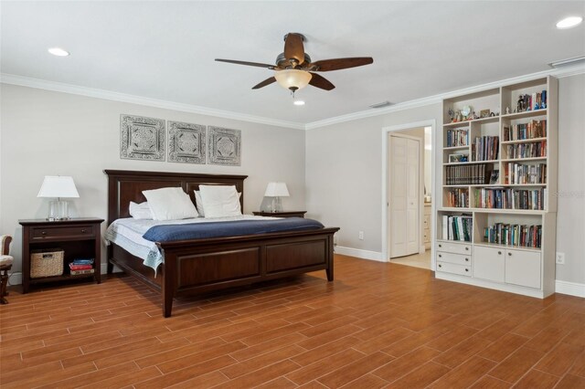 3906 Floyd Rd, Tampa, FL 33618 - bedroom featuring baseboards, wood finished floors, ornamental molding, recessed lighting, and ceiling fan