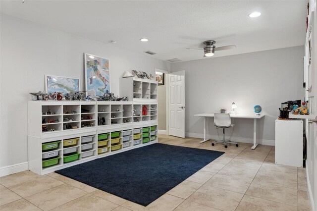 3906 Floyd Rd, Tampa, FL 33618 - rec room with a ceiling fan, tile patterned flooring, baseboards, and recessed lighting