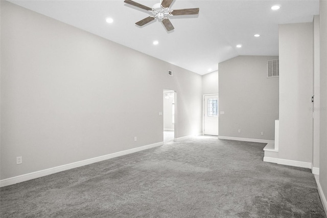 13613 Laraway Dr, Riverview, FL 33579 - spare room featuring a ceiling fan, carpet flooring, recessed lighting, baseboards, and high vaulted ceiling