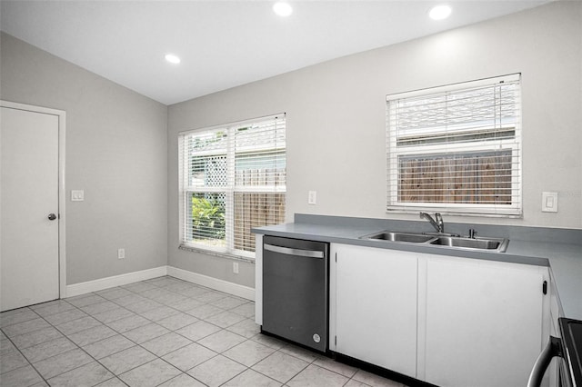 13613 Laraway Dr, Riverview, FL 33579 - kitchen featuring stainless steel dishwasher, a sink, white cabinets, recessed lighting, and baseboards