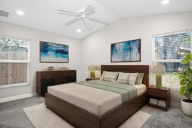 13613 Laraway Dr, Riverview, FL 33579 - bedroom featuring light colored carpet, lofted ceiling, multiple windows, baseboards, and recessed lighting